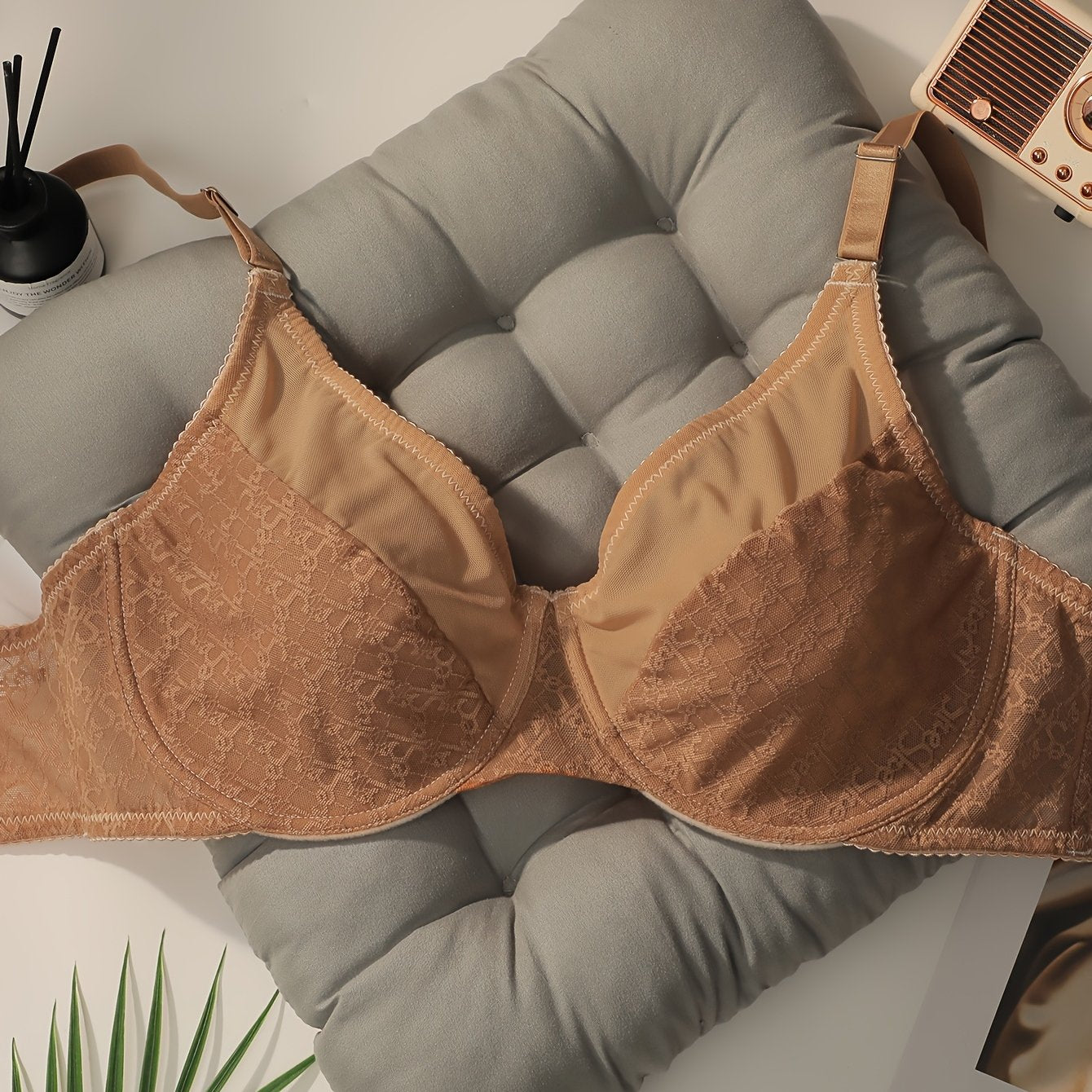 Women’s Beige Lace Push-Up Bra Full Coverage Underwire Nylon Elastane Hand Wash