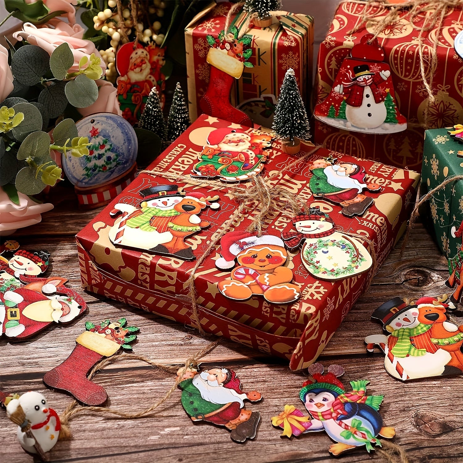 Set of 24 Farmhouse Style Wooden Christmas Ornaments with Santa Snowman Vintage Designs