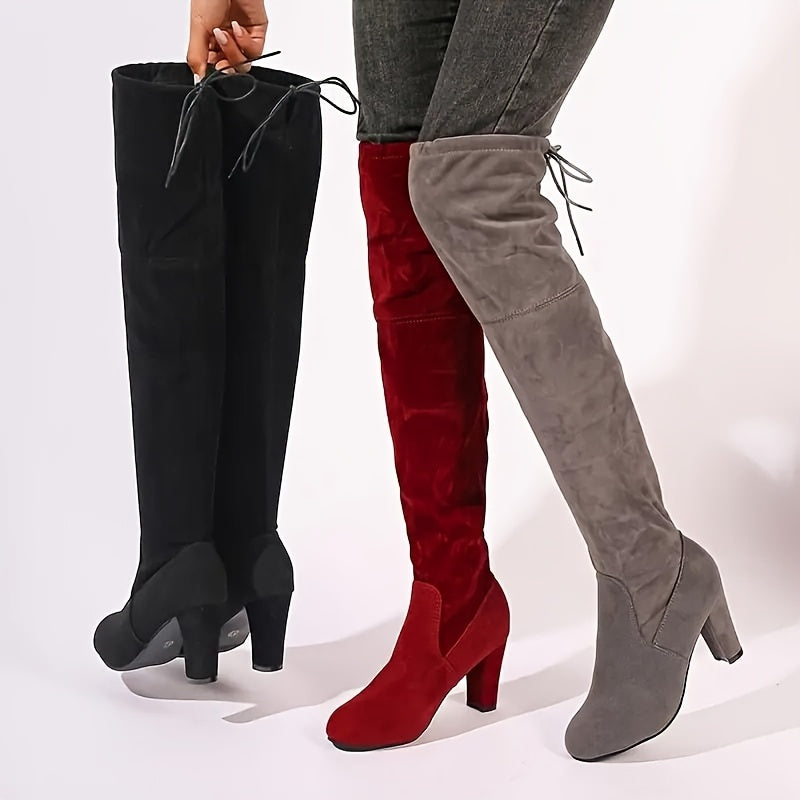Women's Over-the-Knee Boots Rubber Fabric Lining Side Zip Black Red