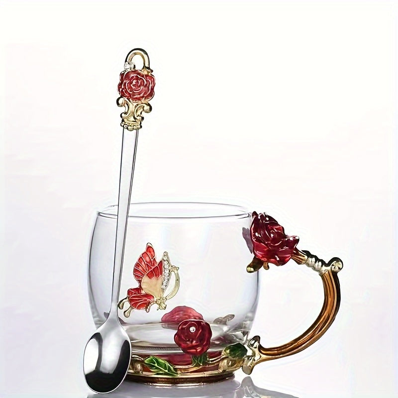 Enamel Crystal Tea Cup with Butterfly and Rose Design Heat Resistant for Coffee Water