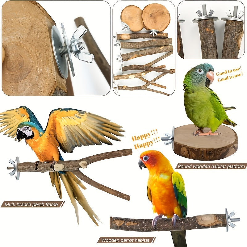 Set of 8 Natural Wood Bird Perch Toys for Parrots, Finches, and Small Birds