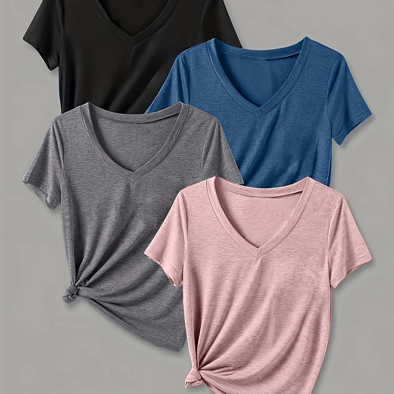 Women's V-Neck Short Sleeve T-Shirts Pack Breathable Casual Tops Black Pink Blue Teal