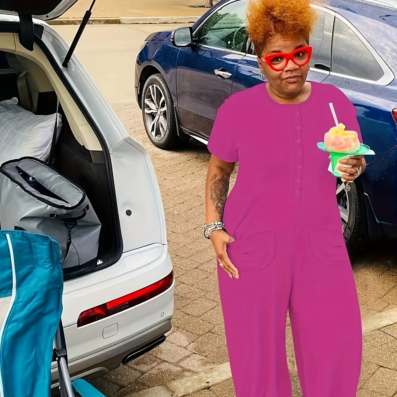 Plus Size Women’s Solid Short Sleeve Jumpsuit With Pockets