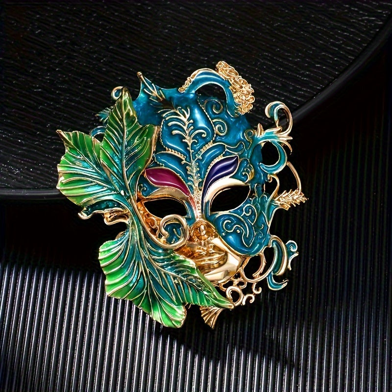 Green Antique Face Brooch with 3D Design and Rhinestone Details for Weddings and Special Occasions