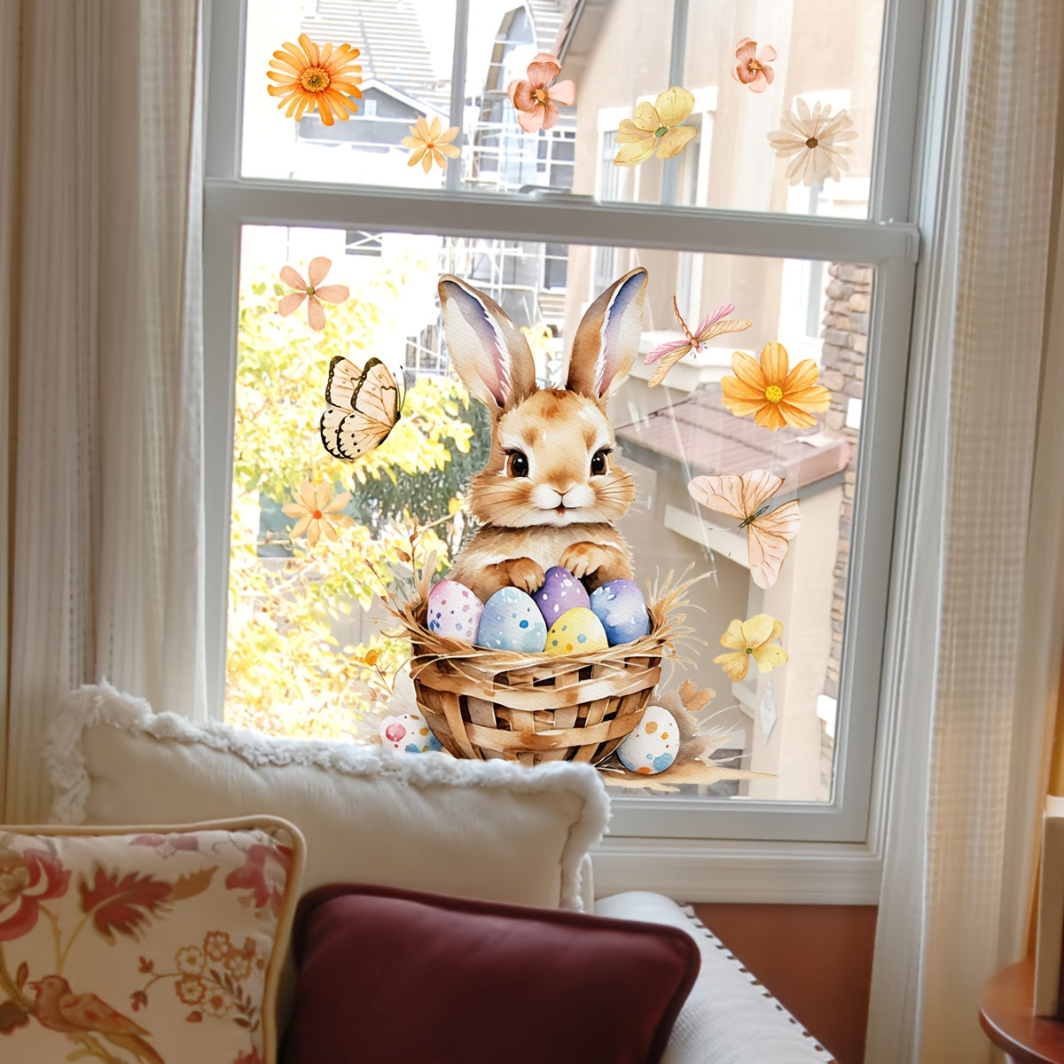 Easter Bunny Window Cling Decor 30x30cm Reusable PVC Sticker with Floral Butterfly