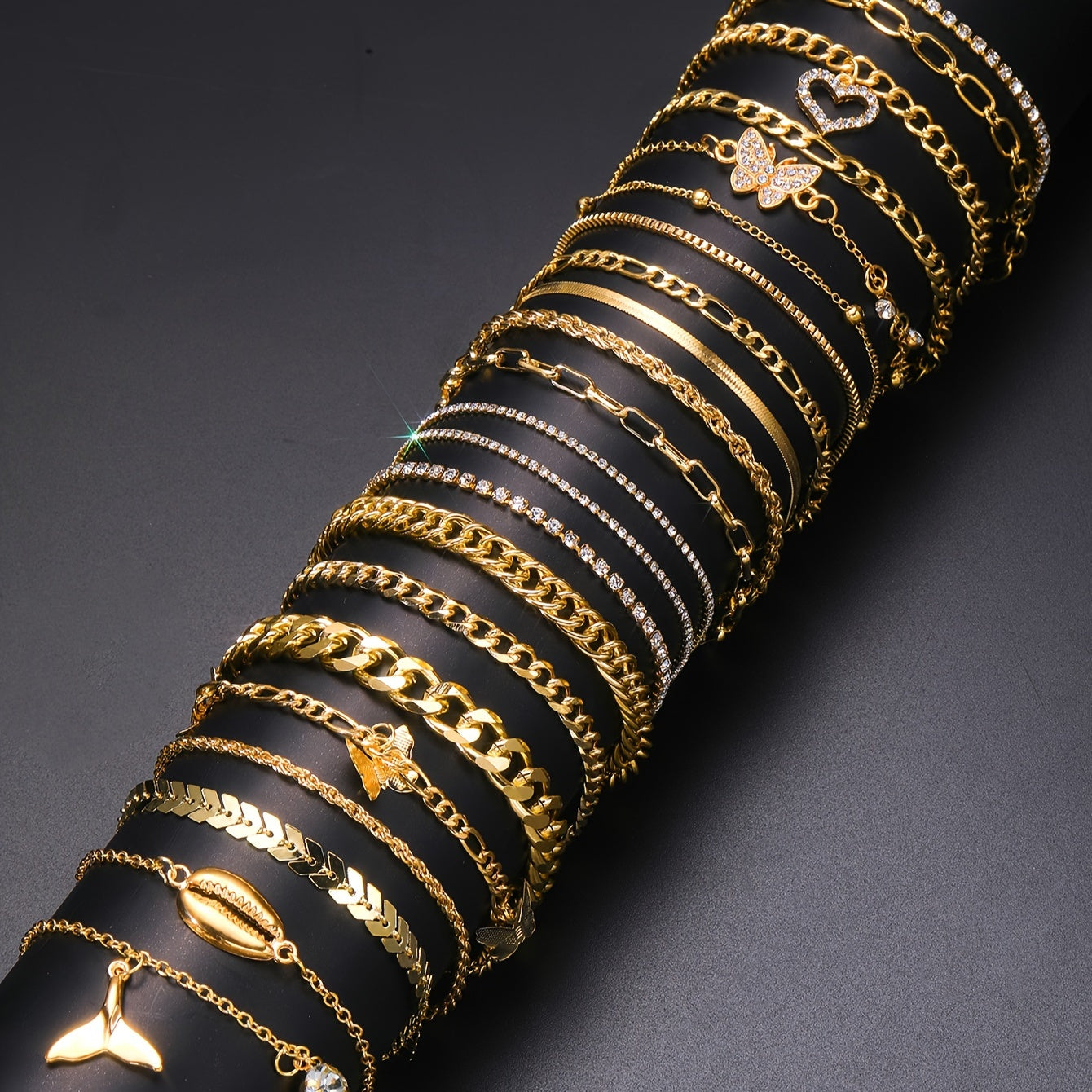 Set of 22 Bohemian Charm Bracelets with Shell Heart Butterfly Fish Tail Crystal Accents for Beach and Party Wear