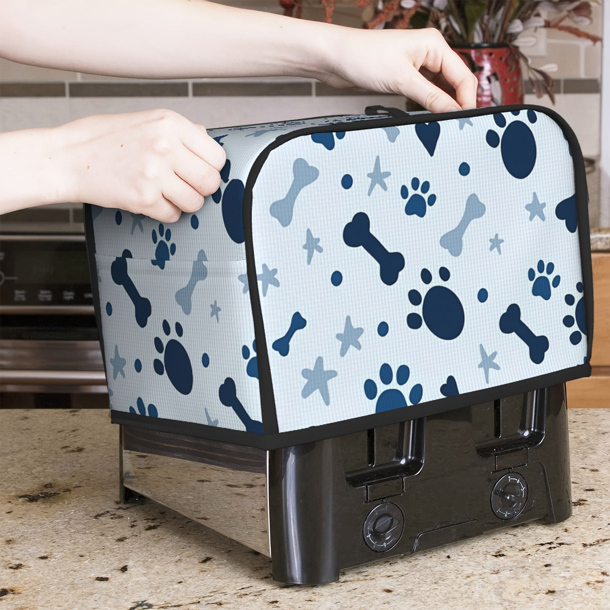 Funda para tostadora con estampado de huellas de patas y huesos, protección de poliéster contra polvo y huellas digitales
