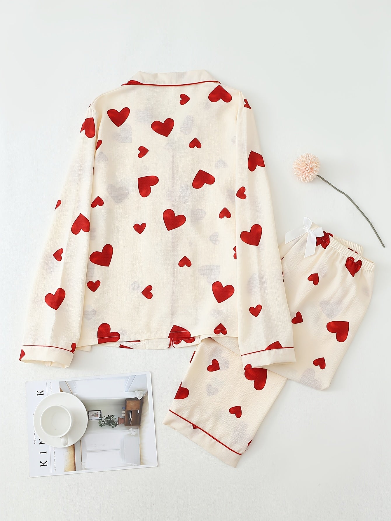 Women's Red Heart Print Pajama Set with Long Sleeves and Lapel Collar