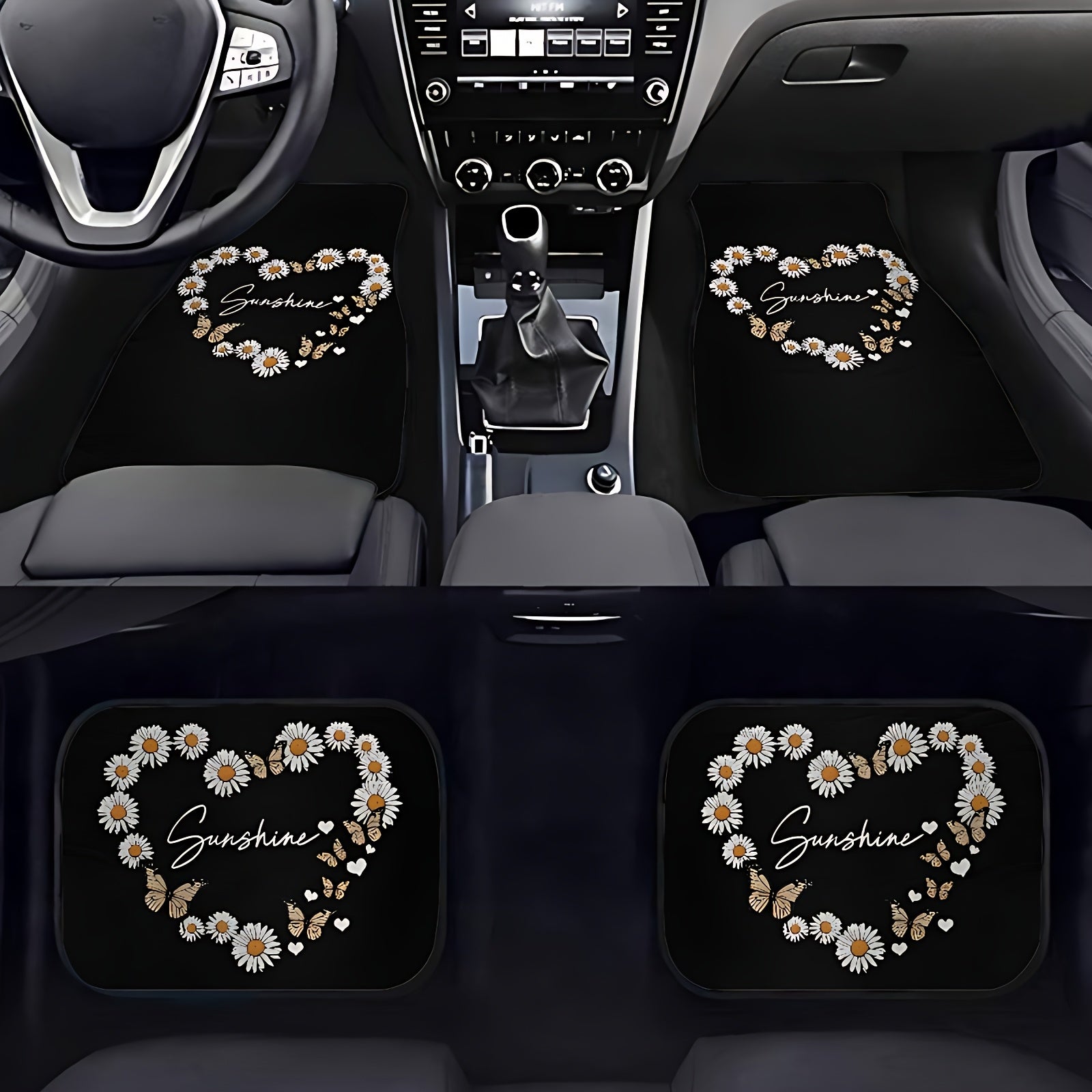 4Pcs Heart-Shaped Daisy Pattern Car Floor Mats Water-Absorbent Anti-Slip Durable