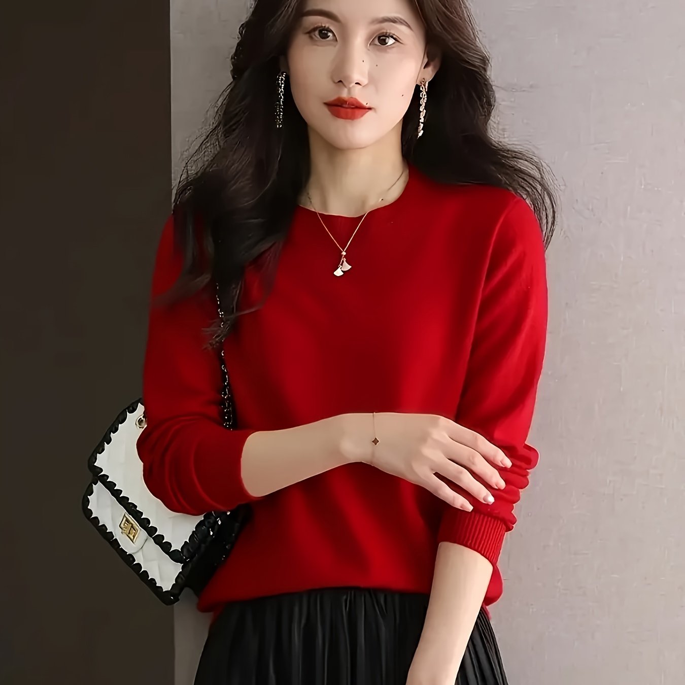 Suéter de lana merina para mujer de cuello redondo y manga larga, de color sólido, para otoño e invierno