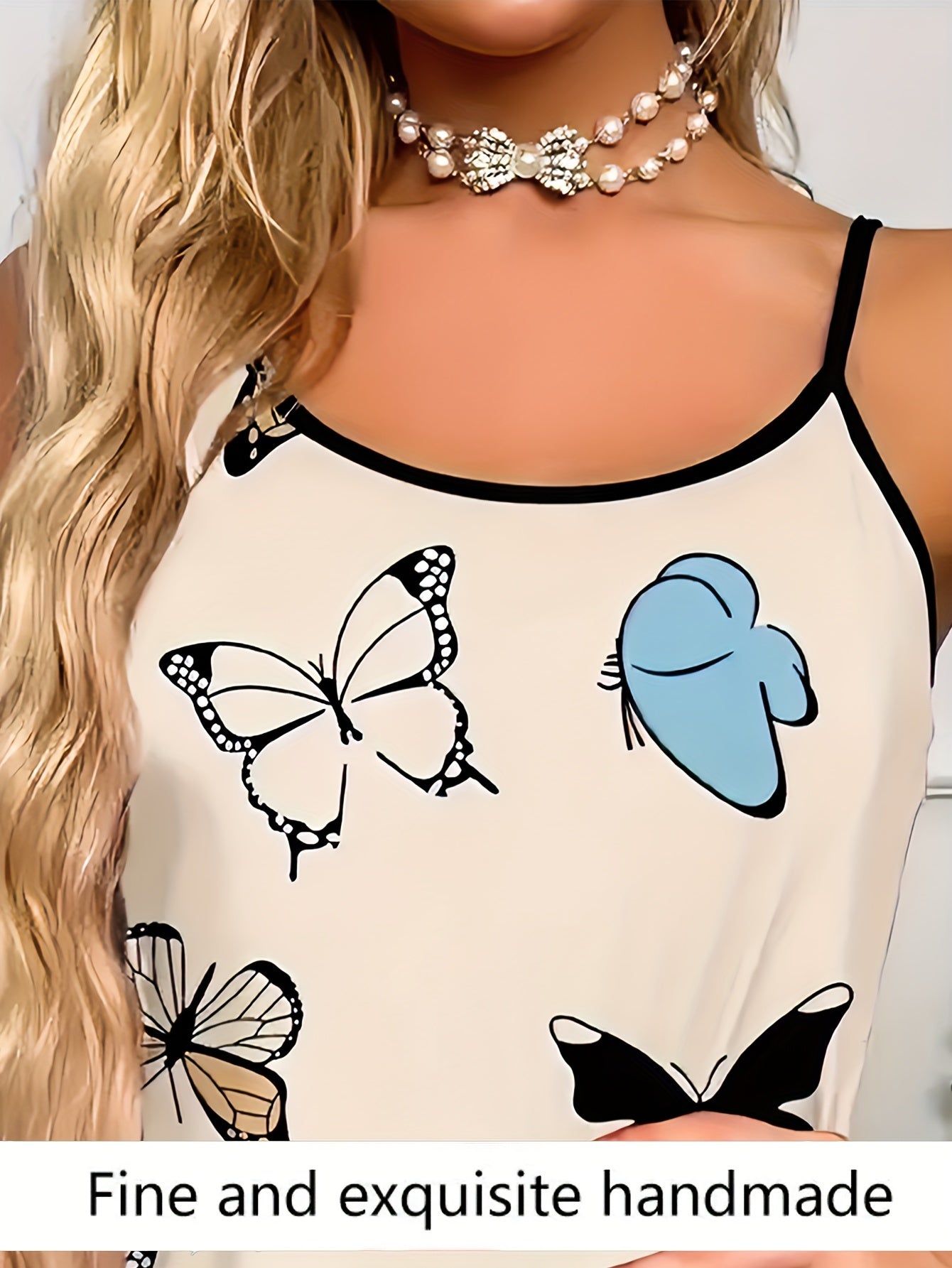 Women's Polyester Pajama Set Sleeveless Cami with Butterfly Print and Elastic Shorts