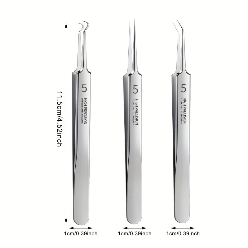 3Pcs Professional Tweezers Set - Fine Precision Blackhead Blemish Removal