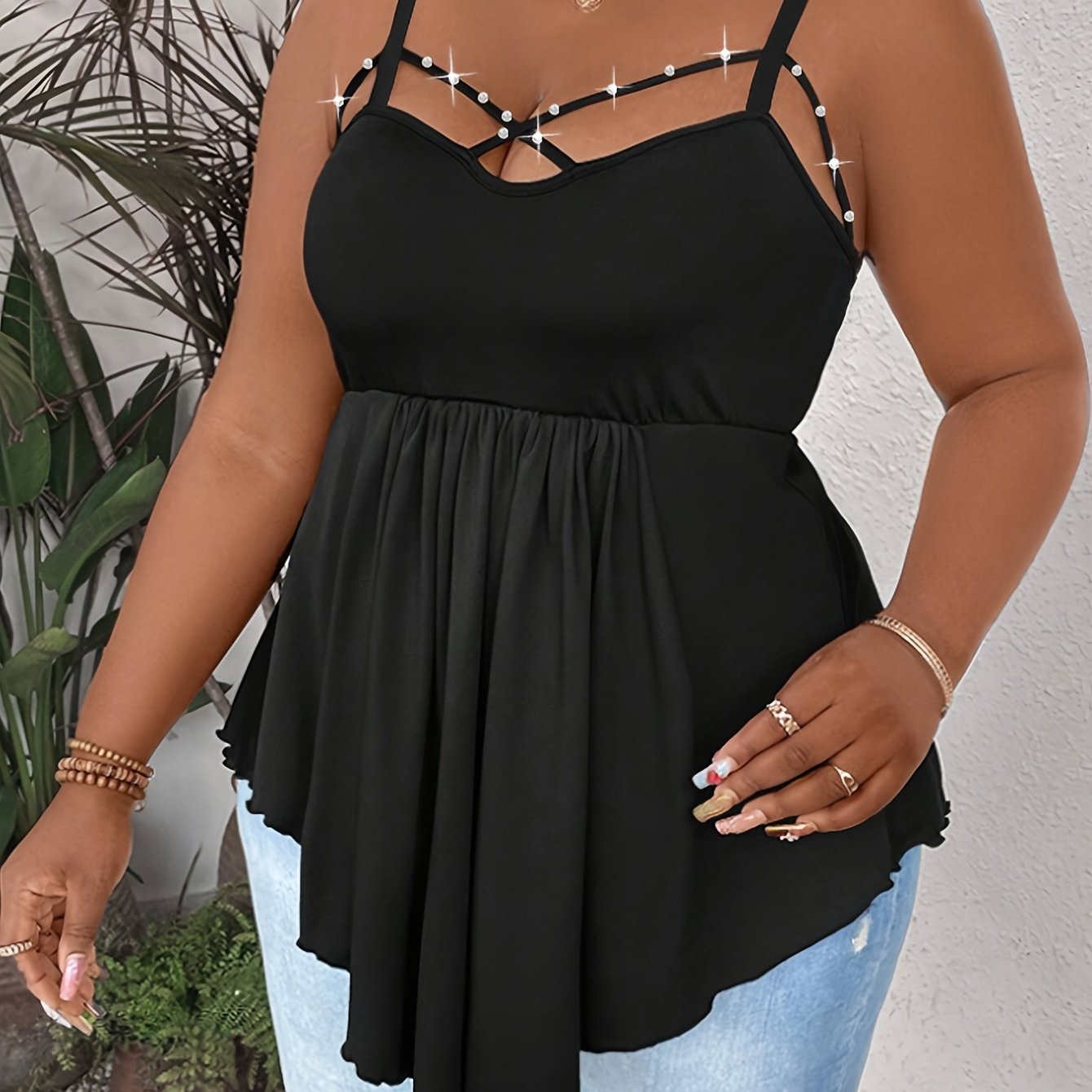 Women's Plus Size V-Neck Cami Top Sleeveless Asymmetrical Pearl