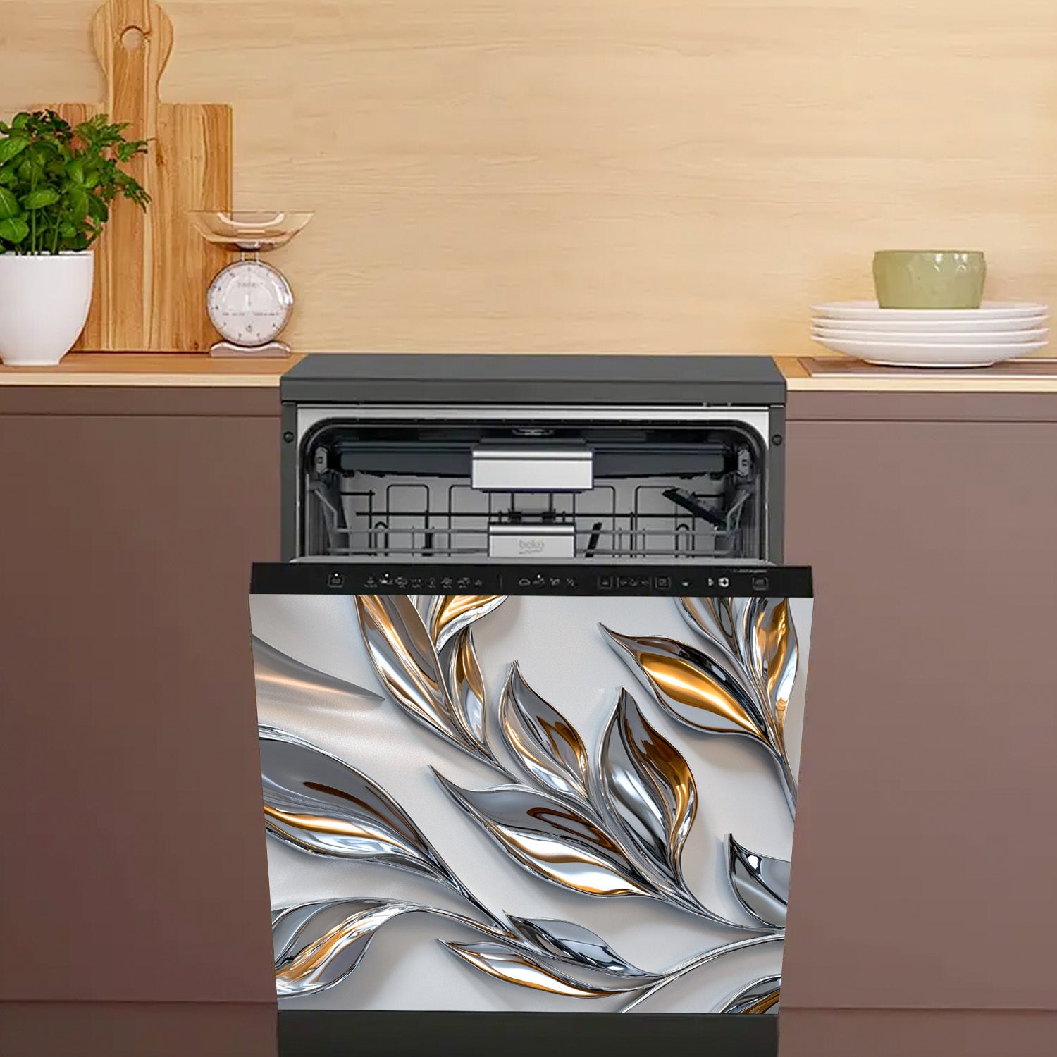 Cubierta de imán para lavavajillas con patrón de hoja de plata y oro, resistente al agua, a prueba de calor, decorativa de paneles metálicos
