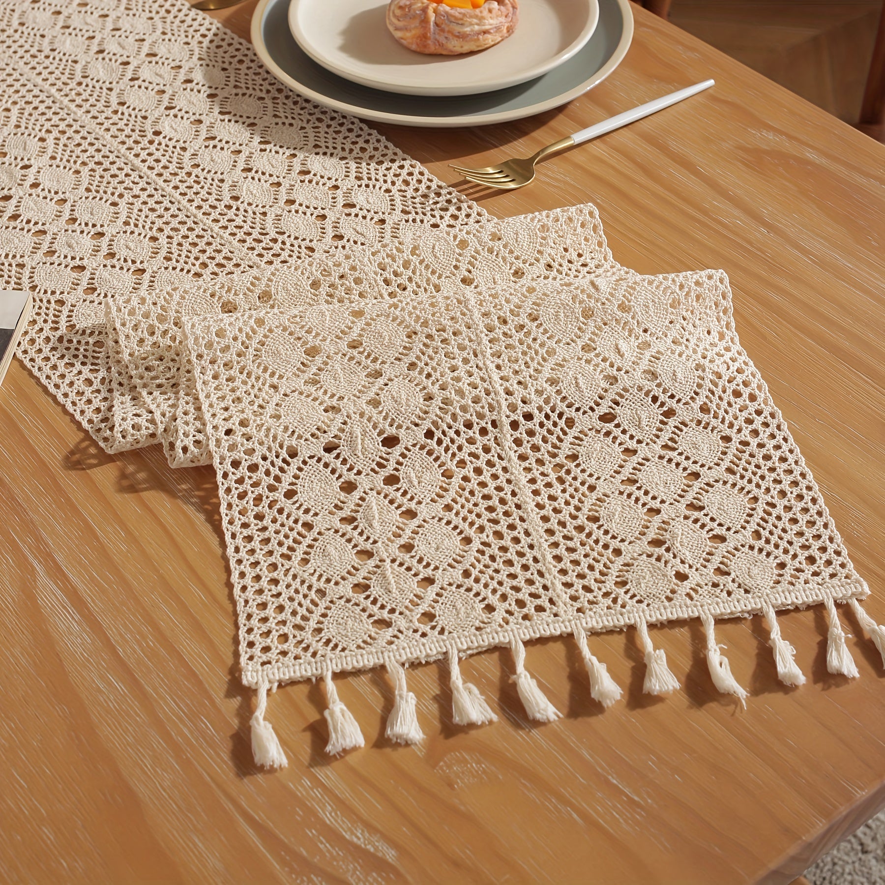 Beige Cotton Linen Crochet Table Runner with Geometric Rhombus Pattern