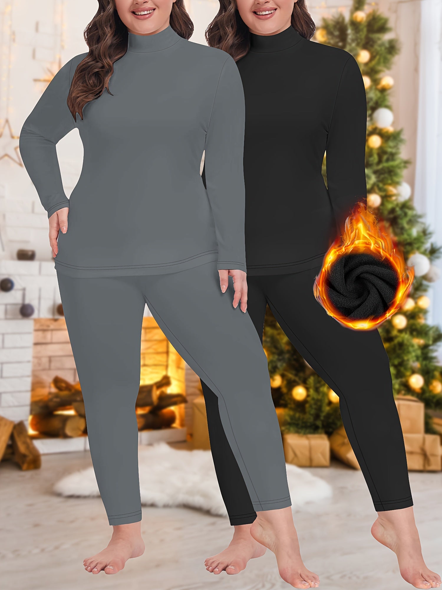 Plus o'lcham kuz qish fleece issiq ichki kiyim to'plami bo'yin issiq qilgich bilan