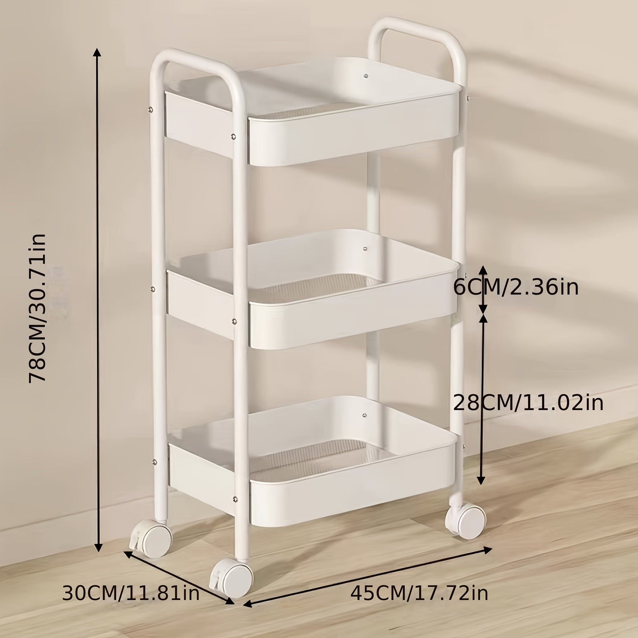 Qizil, oq, ko'k va sariq ranglarda 2-qavatli metall rulonli saqlash aravachasi oshxona, hammom va yotoqxonalar uchun
