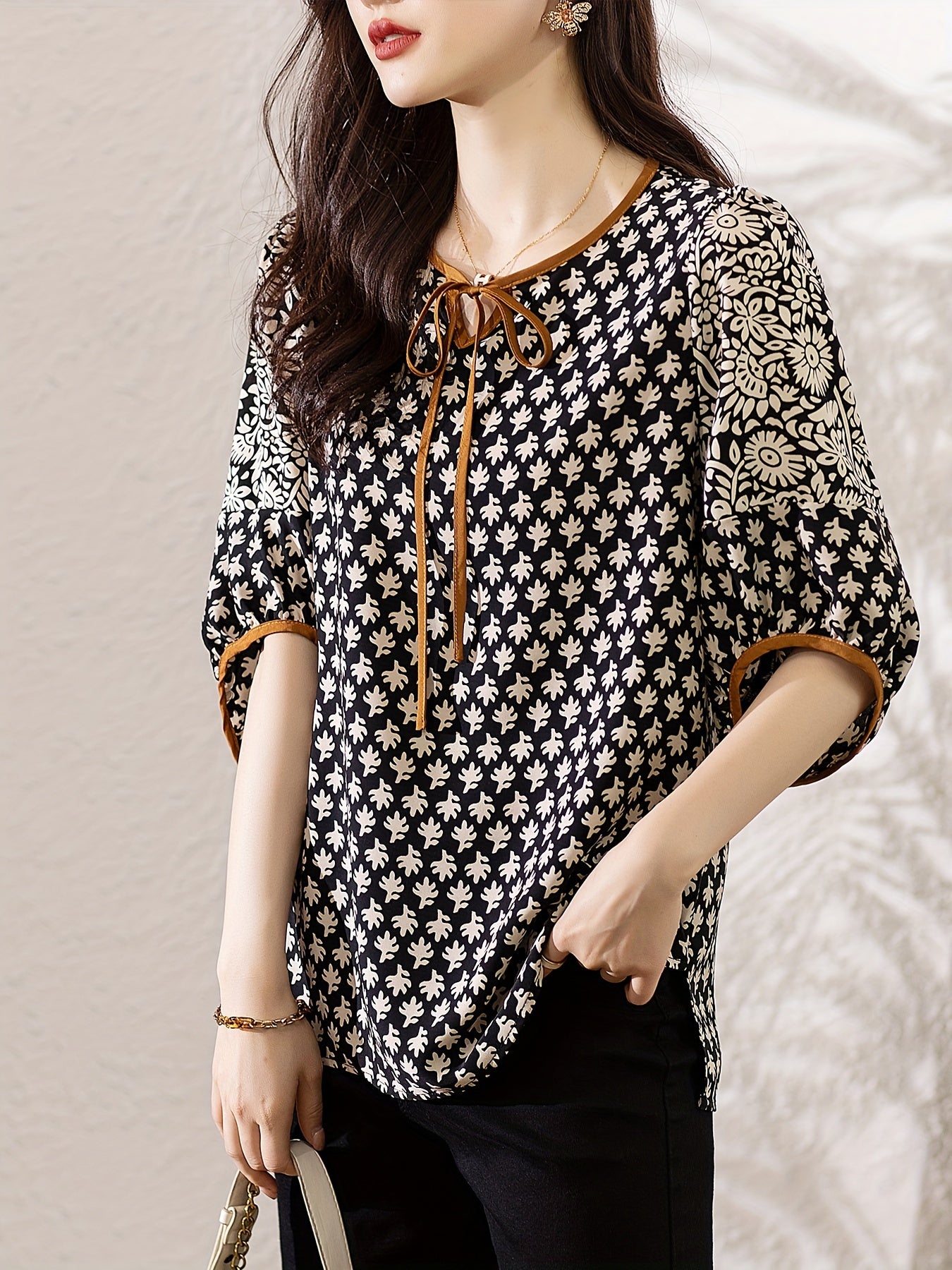 Women's Casual Chiffon Top with Printed Design and Lace-Up for Summer