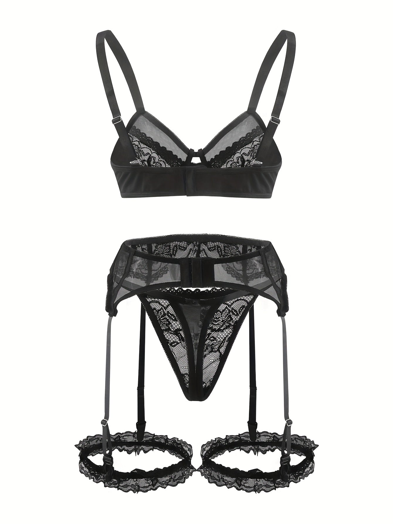 Ayollar uchun katta o'lchamdagi ichki kiyimlar to'plami, gul naqshli tikanli bra, thong, gartyer, kamar va oyoq uzuklari