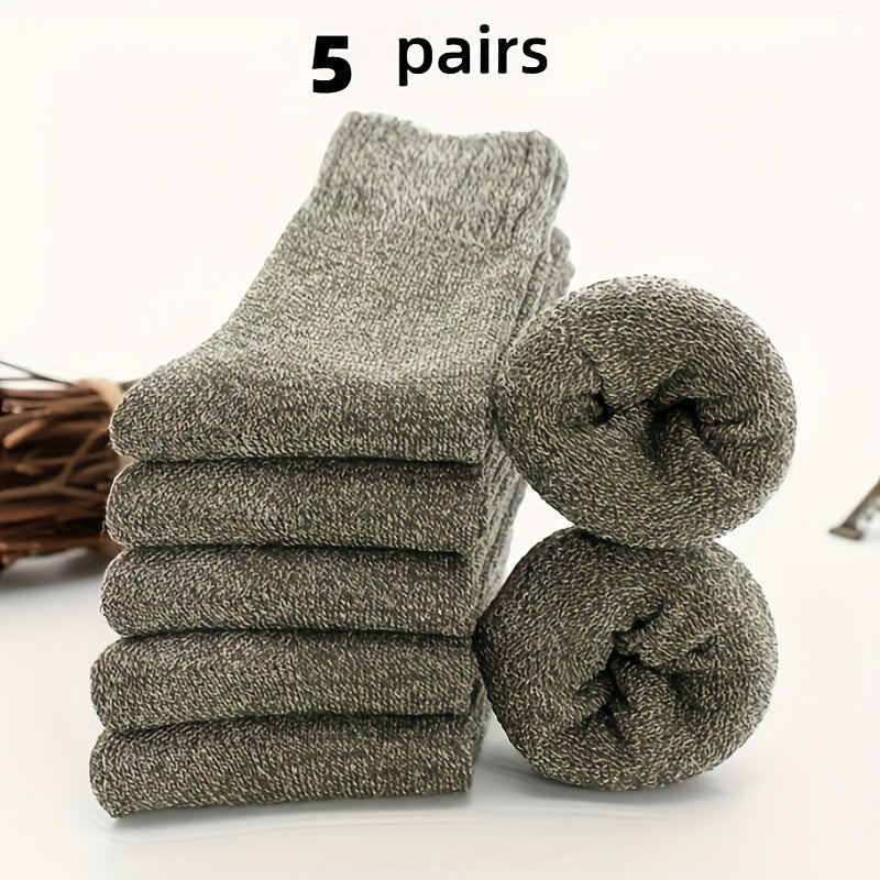 Men's Wool Blend Mid-Calf Winter Socks Set of 5 Solid Colors Warm Casual Gift-Ready