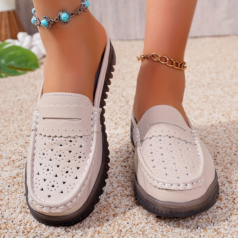 Women’s Solid Color Mules Flat Slip-On Shoes Perforated Non-Slip Casual