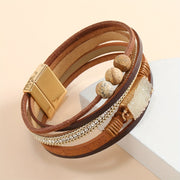Bohemian Multi-Layer Faux Leather Bracelet with Rhinestone Resin Beads Magnetic Clasp Women’s Jewelry