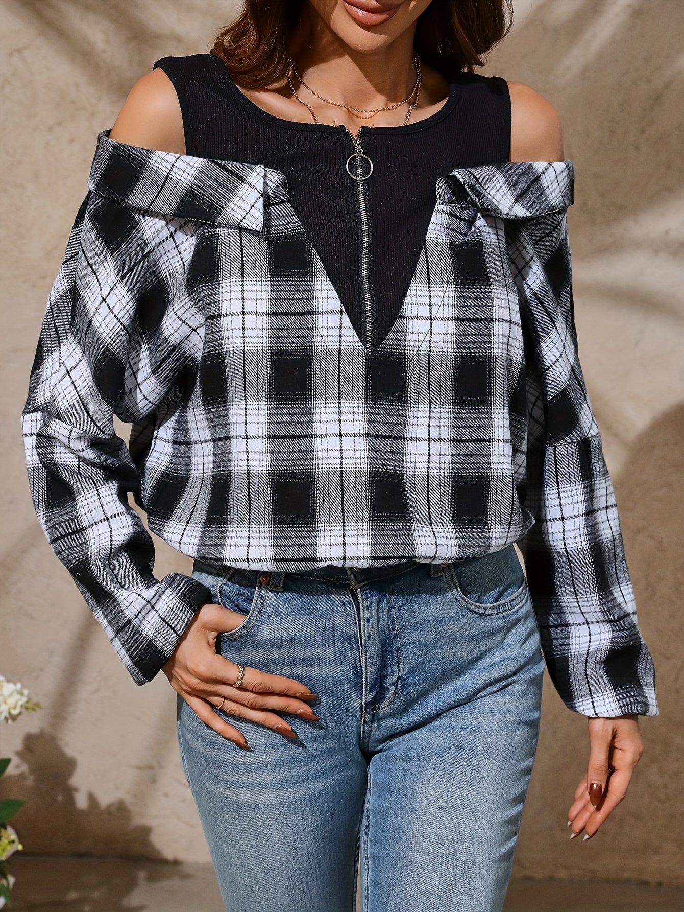 Women's Plaid Cold Shoulder Blouse with Long Sleeves and Quarter Zip for Spring and Fall