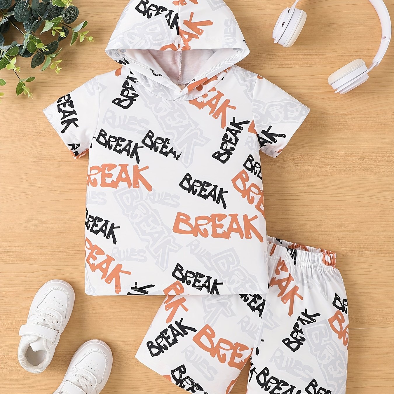 Boys Casual Two-Piece Set Hooded T-Shirt and Shorts Alphabet Print Spring Summer