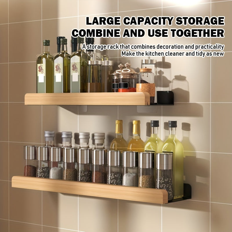 Wood and Metal Wall-Mounted Spice Rack with Hooks for Kitchen Storage