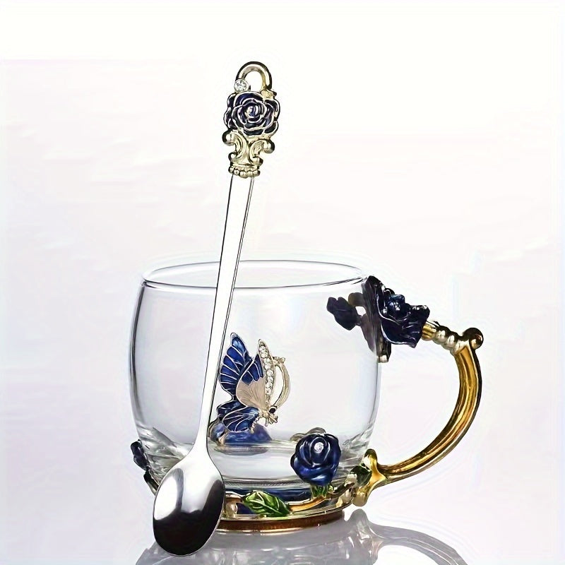 Enamel Crystal Tea Cup with Butterfly and Rose Design Heat Resistant for Coffee Water