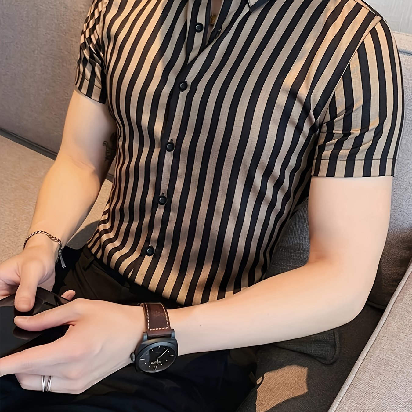 Men's Summer Striped Business Shirt Short Sleeve Regular Fit Polyester Elastane Lightweight Workwear