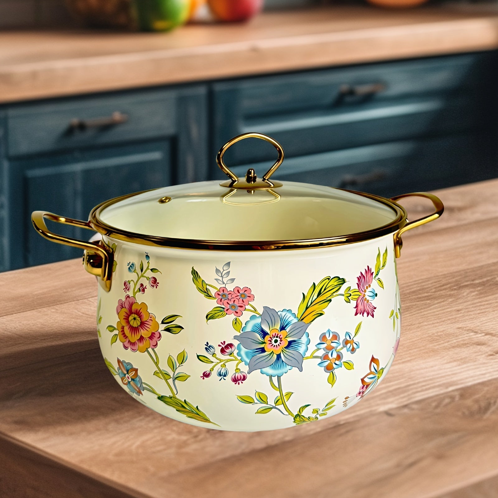 Enamel Double-Handled Soup Pot 5L Non-Stick Dishwasher Safe Floral Design