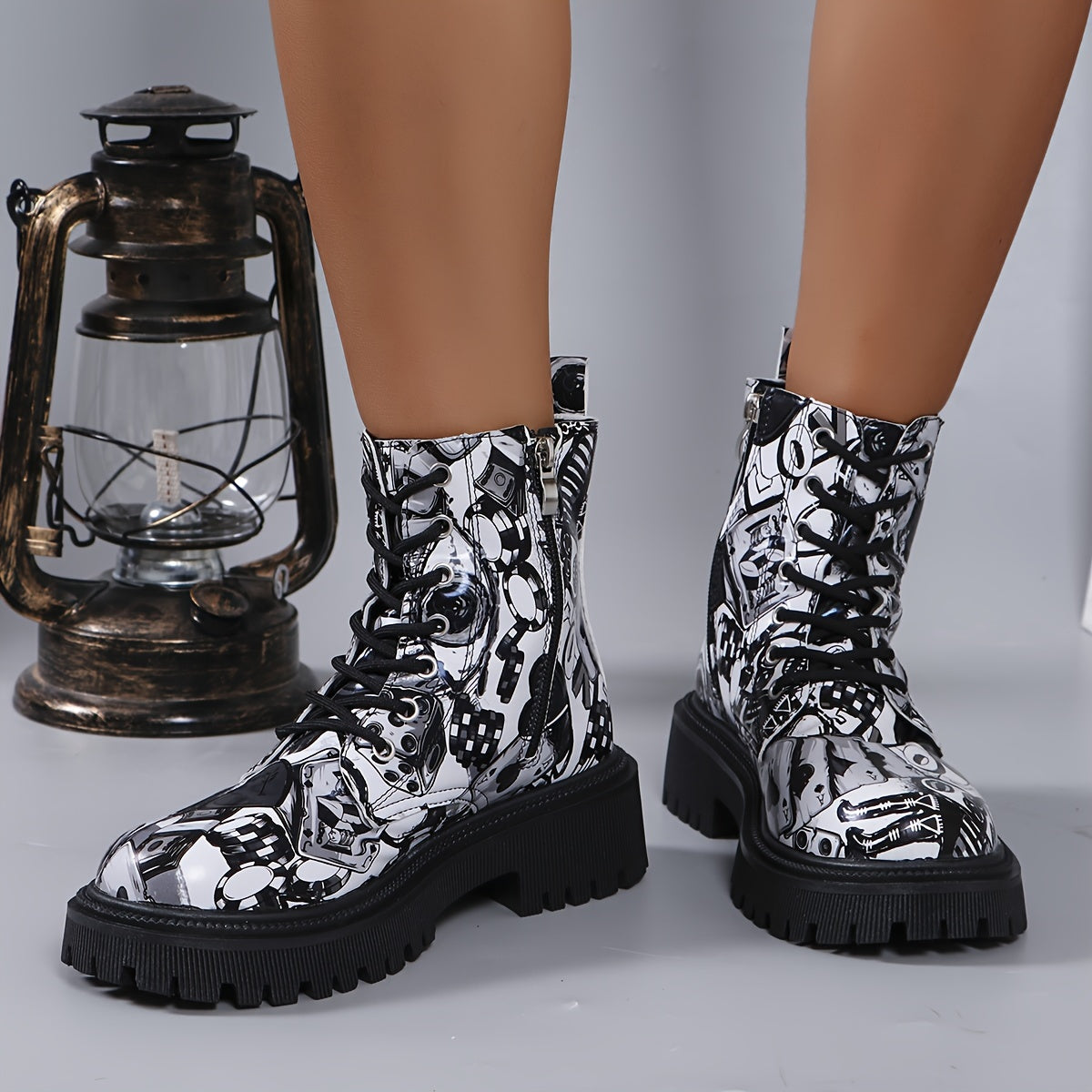 Women's Printed Lace-Up Boots Chunky Sole Low Heel Zipper Casual Shoes