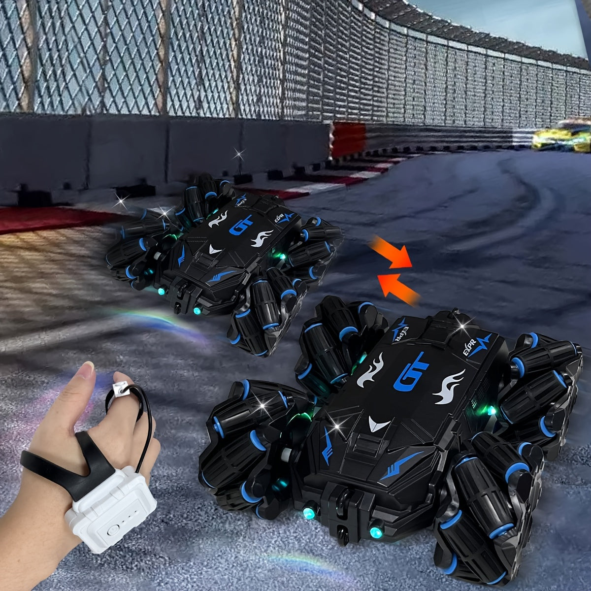 Coche de acrobacias RC con temática de fantasía con control por gestos, luces LED y música para niños de 8 años en adelante