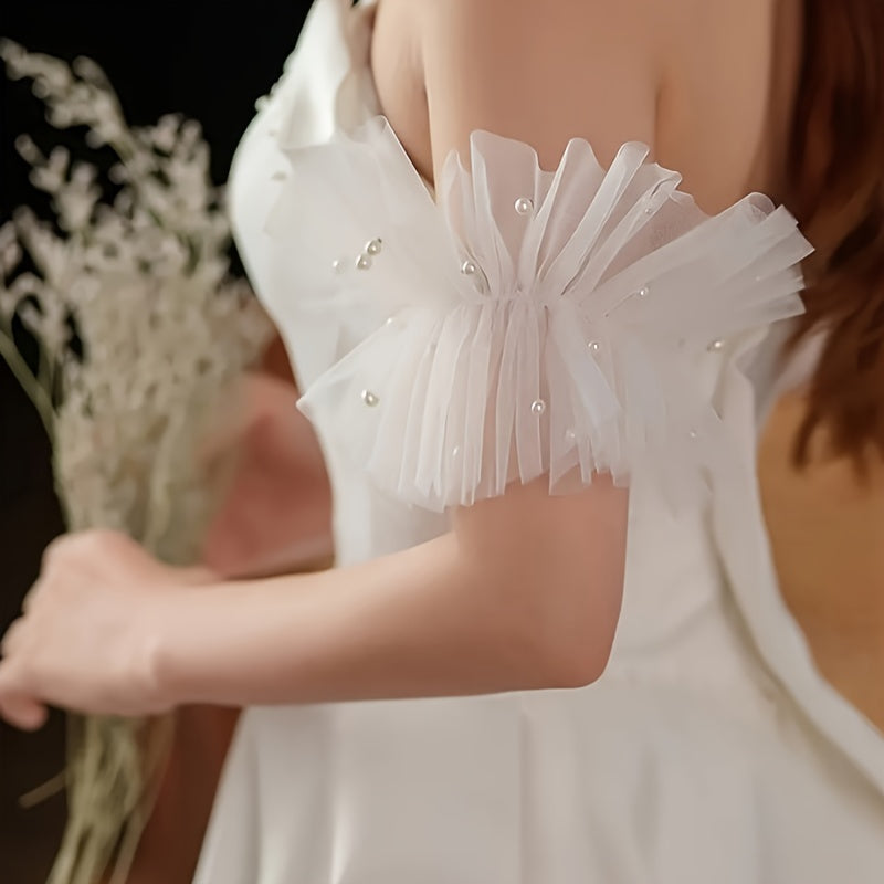 White Mesh Beaded Bridal Wrist Cuffs for Wedding Sleeve Decorations