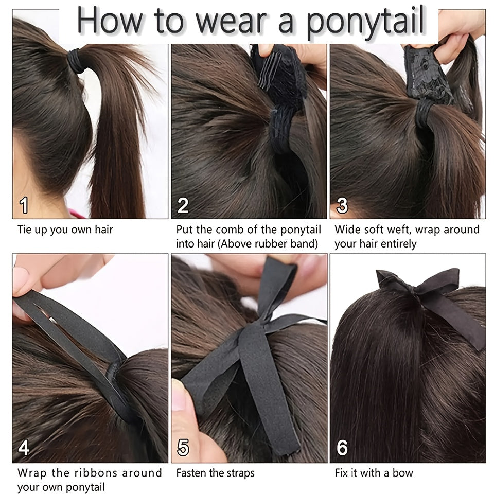 Women Black Synthetic Straight Ponytail Hair Extension 81.28cm Drawstring Style