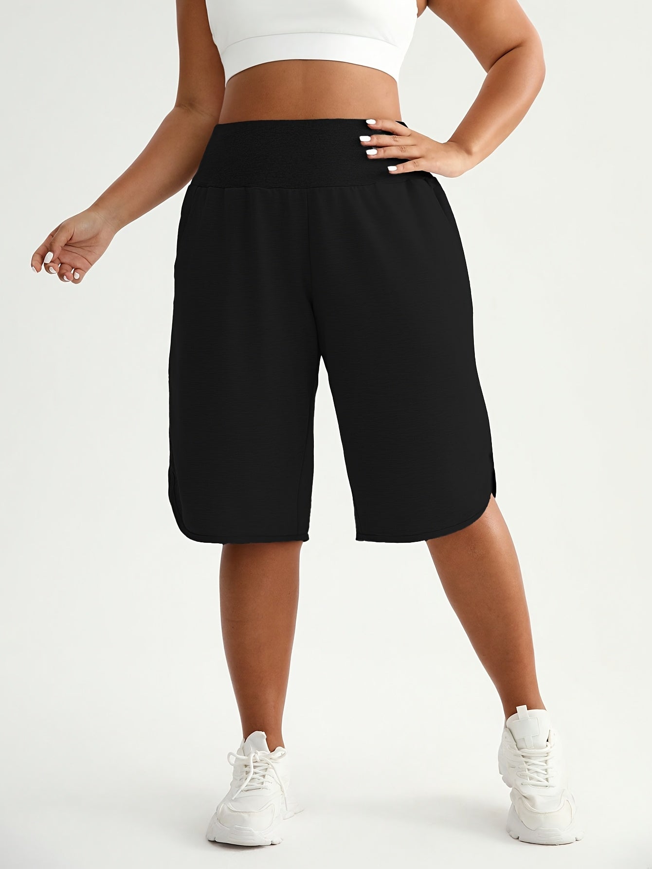 Plus Size High-Waisted Bermuda Shorts Navy Blue Loose Fit Stretchy Fabric