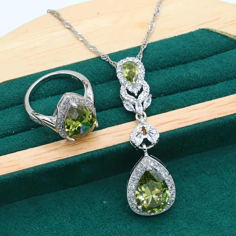 Olive Green Zirconia Jewelry Set for Women with Necklace Earrings Bracelet and Adjustable Ring