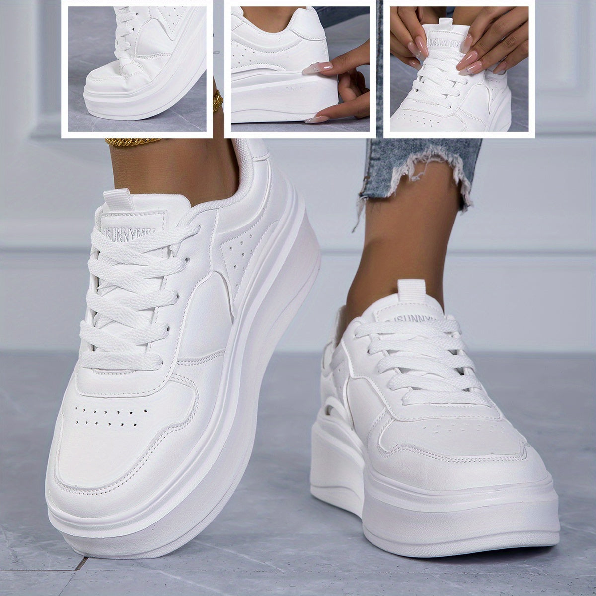 Women's White Sneakers Cushioned Platform Lace-Up Shoes All-Day Comfort