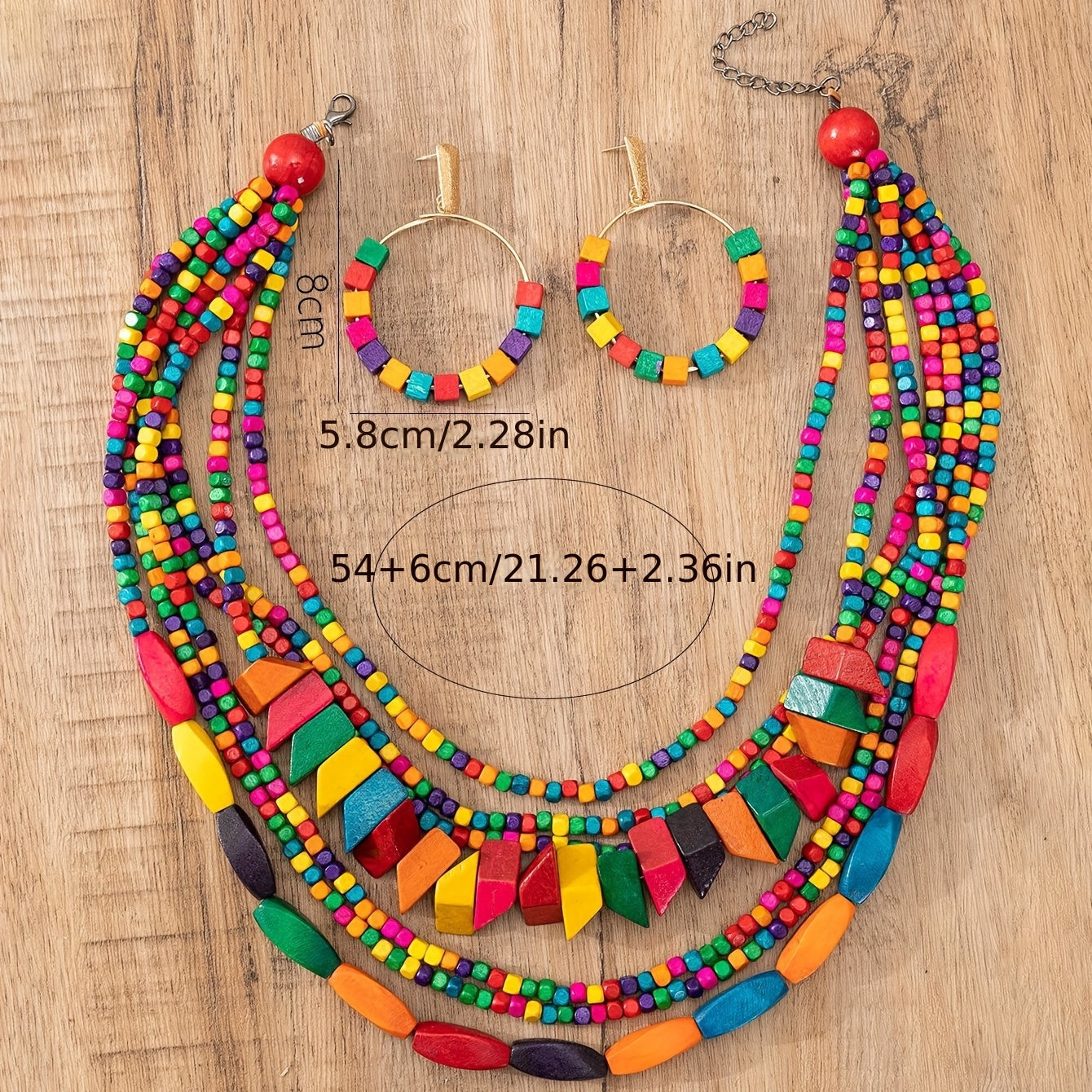 Bohemian Wooden Jewelry Set with Necklace Earrings and Chain in Multiple Colors