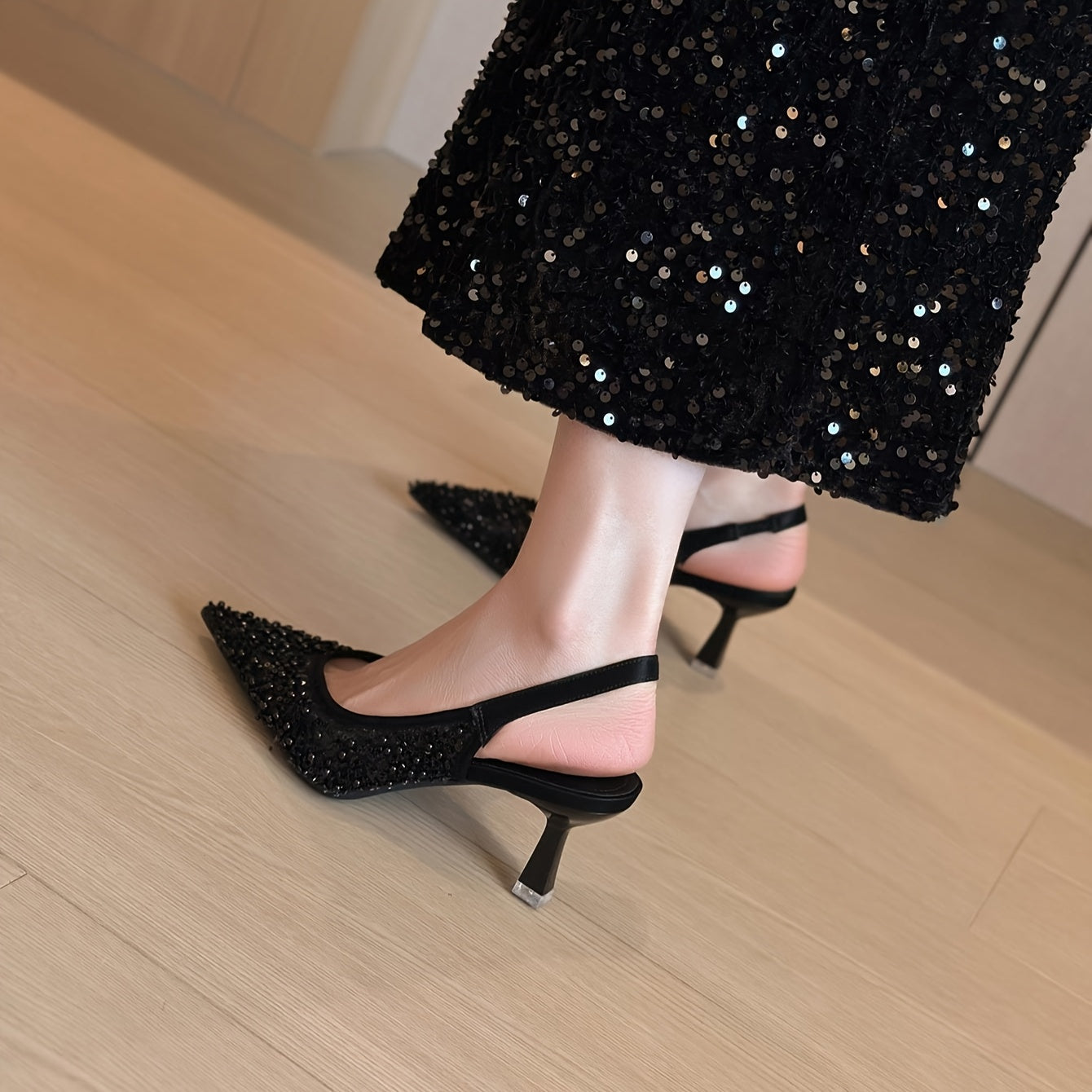 Women's Sequin Beaded Pointed Toe Stiletto Heels Pumps with Back Strap