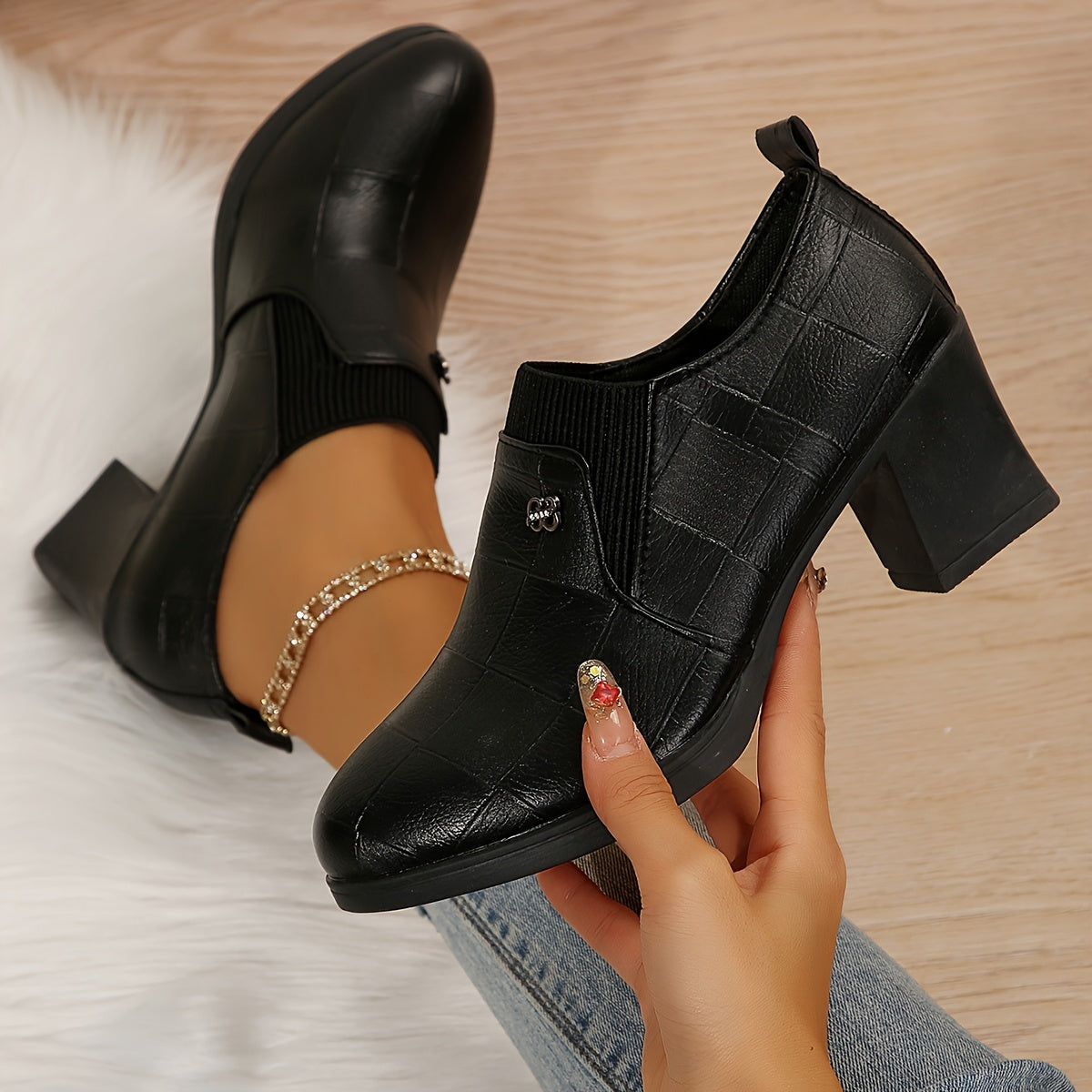 Women’s Faux Leather Pointed Toe Chunky Heel Pumps Black All-Season Dress Boots