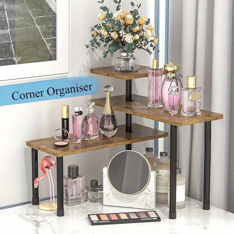 3-Tier Wood Corner Shelf Black Metal Frame Rotatable Storage for Kitchen Bathroom Plants