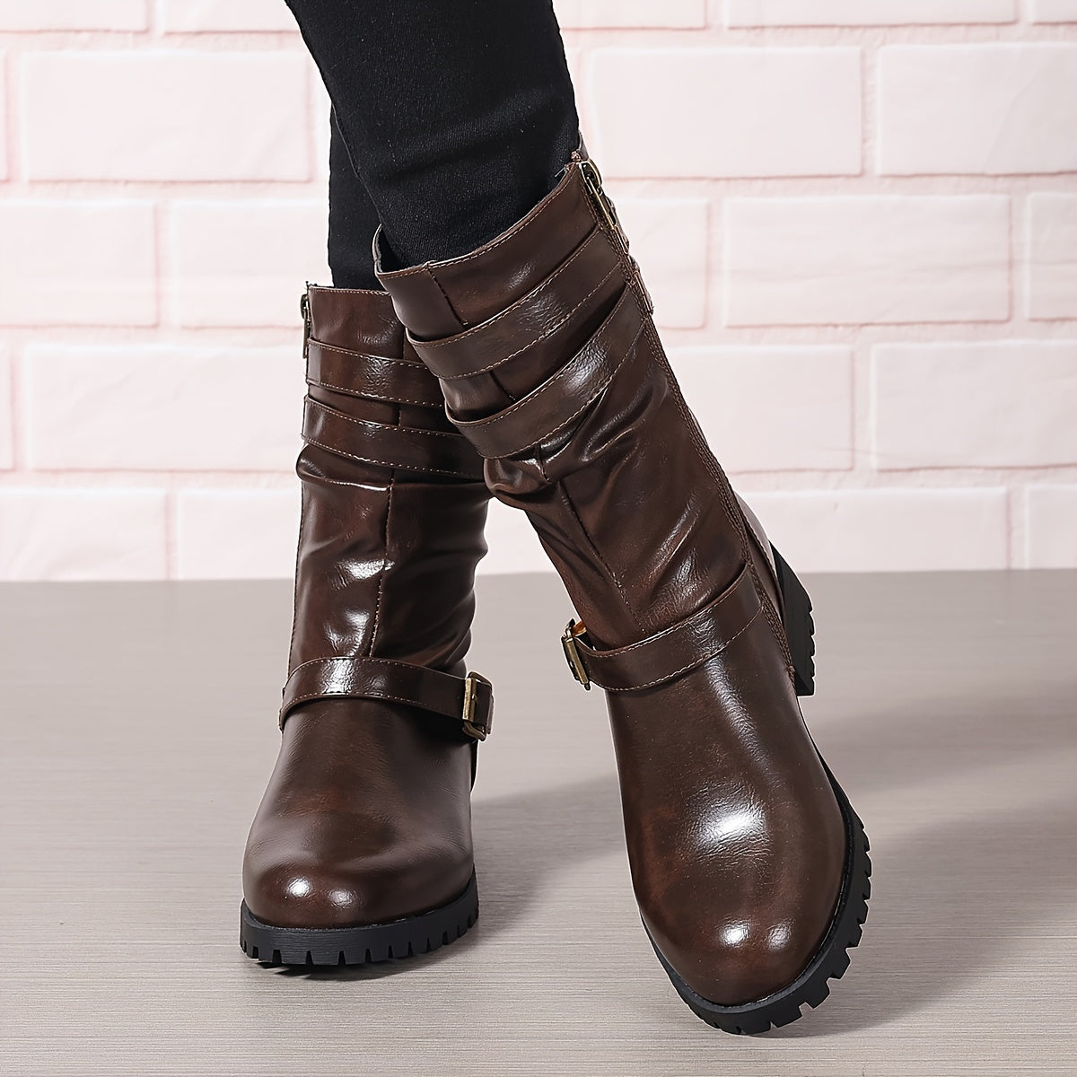Women's Solid Color Chunky Heel Boots with Side Zipper Mid Calf Boots