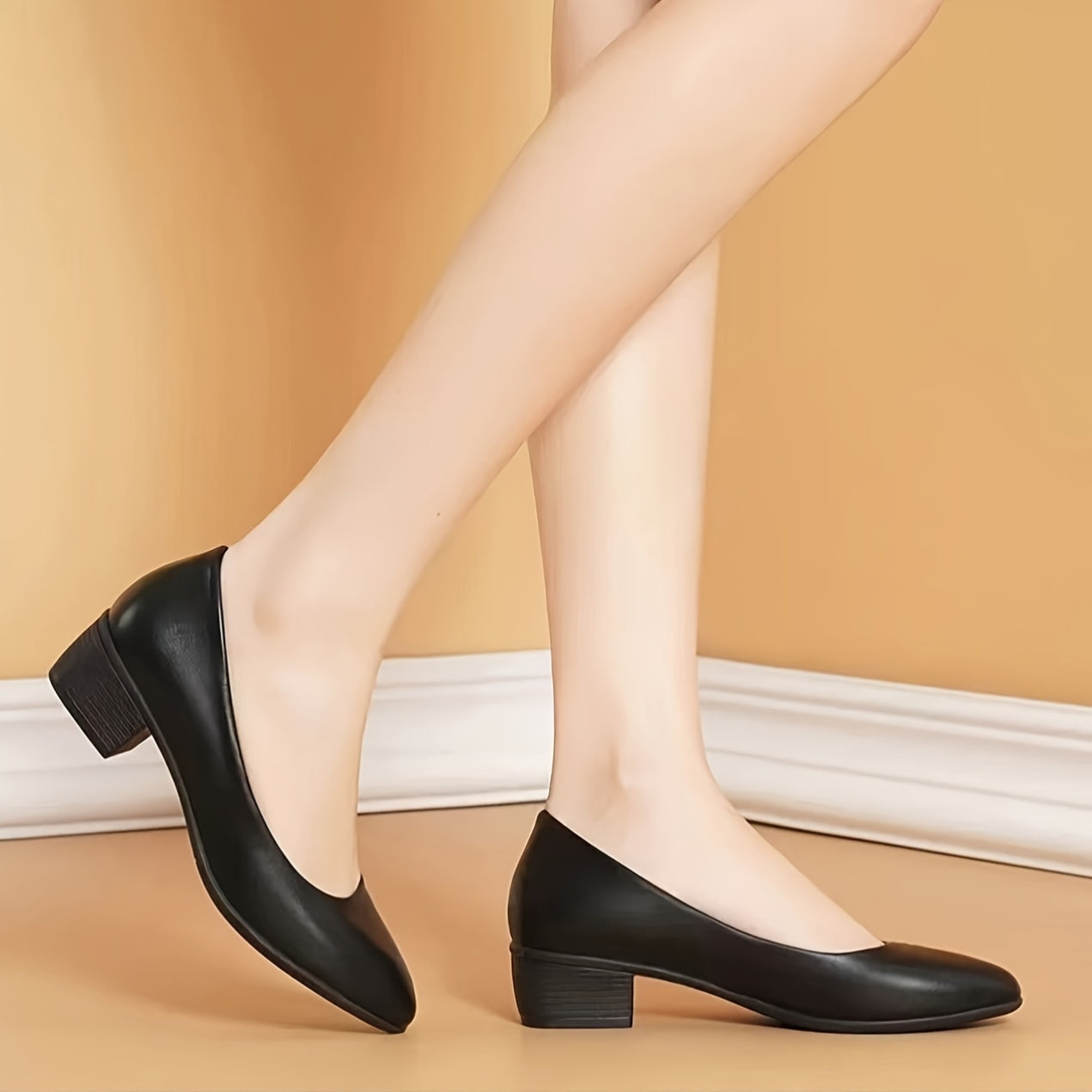 Women's Low Block Heel Shoes PU Cover Rubber Sole Wingtip Toe Black All-Season Office Footwear