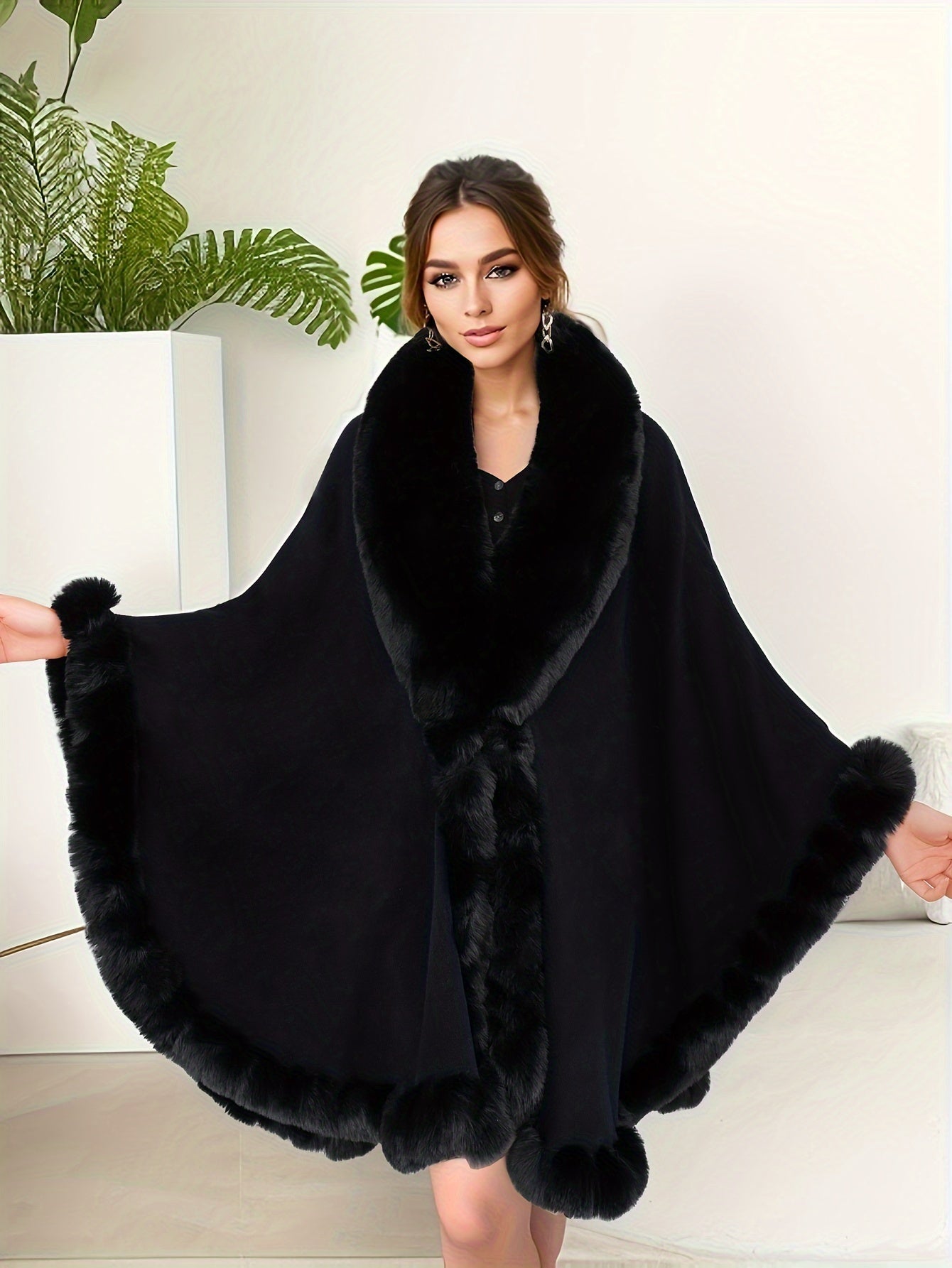 Plus Size Faux Fur Trim Cape for Women Fall Winter Open Front Shawl Solid Color