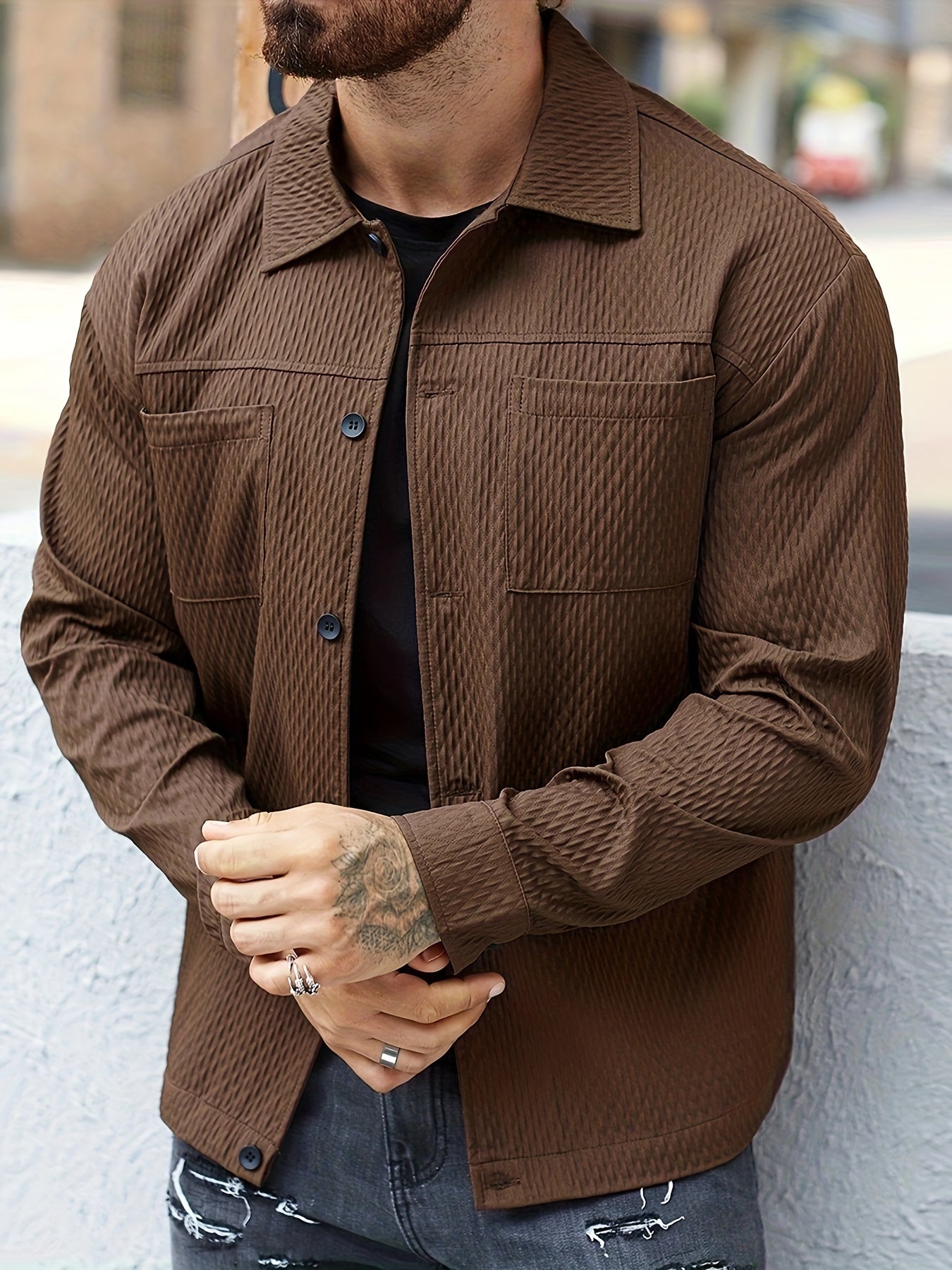 Men's Long Sleeve Textured Shirt for Fall and Winter Casual Solid Color