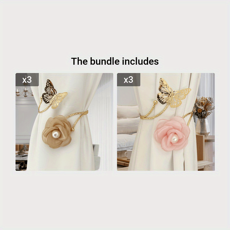 3D Butterfly Flower Faux Pearl Curtain Tieback Decorative Curtain Holder for Living Room Bedroom