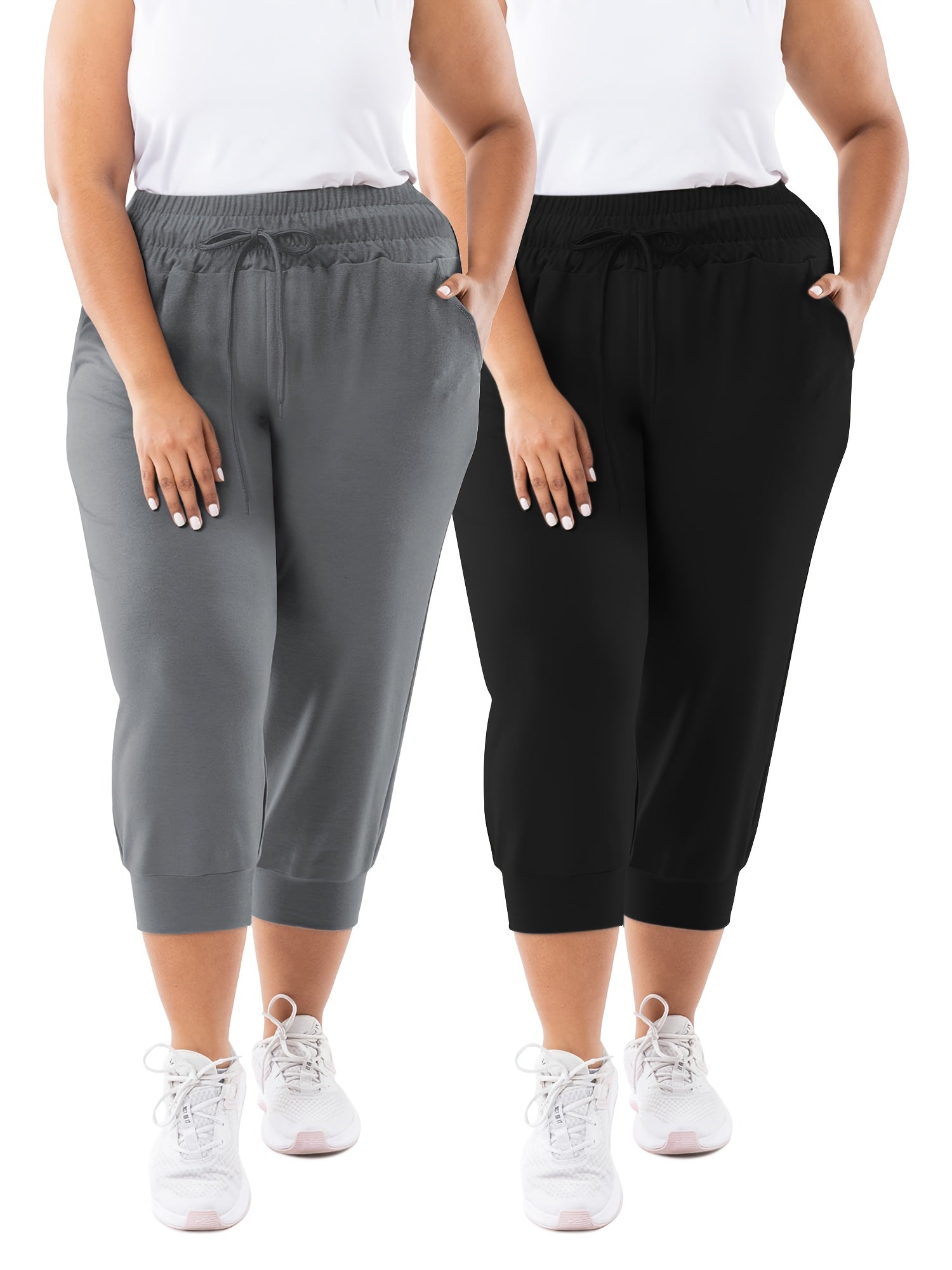 Plus Size Women's Stretchy Capri Joggers Black, Drawstring Waist, Pockets