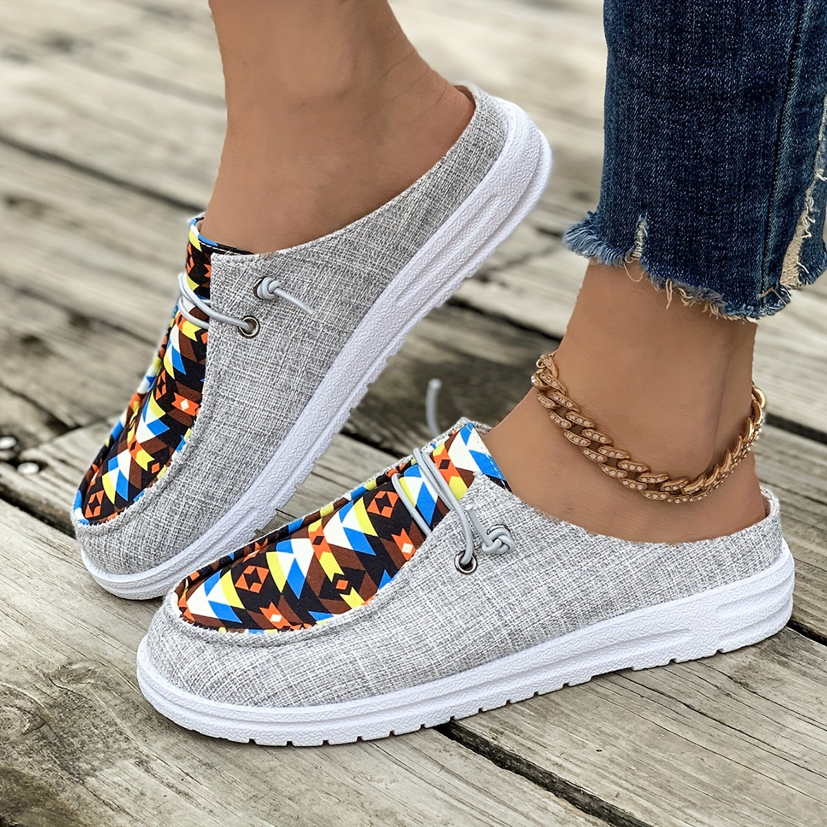 Women's Canvas Slip-On Shoes With Geometric Pattern Casual Sneakers